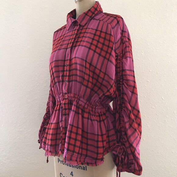 We The Free People Pink Plaid Frayed Cropped Long Sleeve Top Shirt - XS - Picture 2 of 9